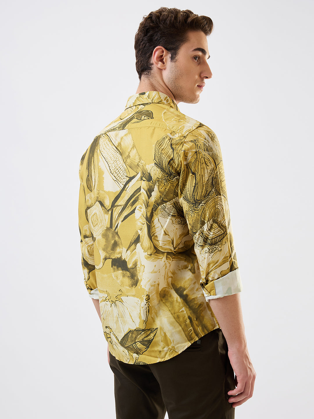 Men Shirt Print Yellow Slim Fit