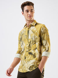 Men Shirt Print Yellow Slim Fit