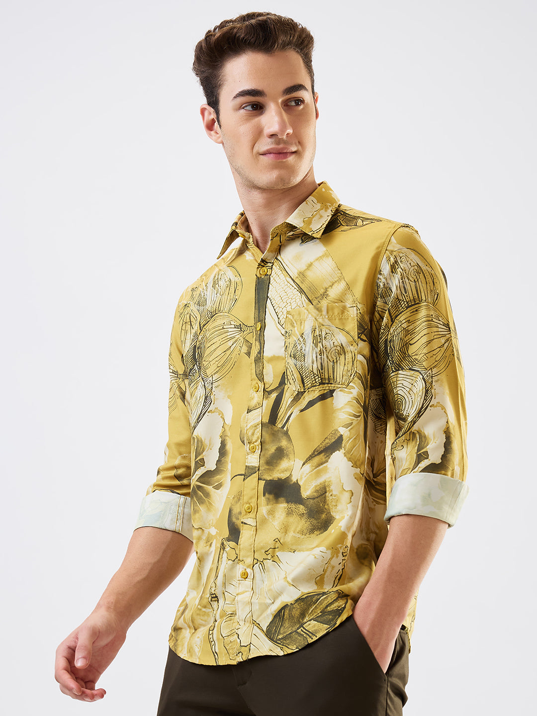Men Shirt Print Yellow Slim Fit