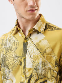 Men Shirt Print Yellow Slim Fit