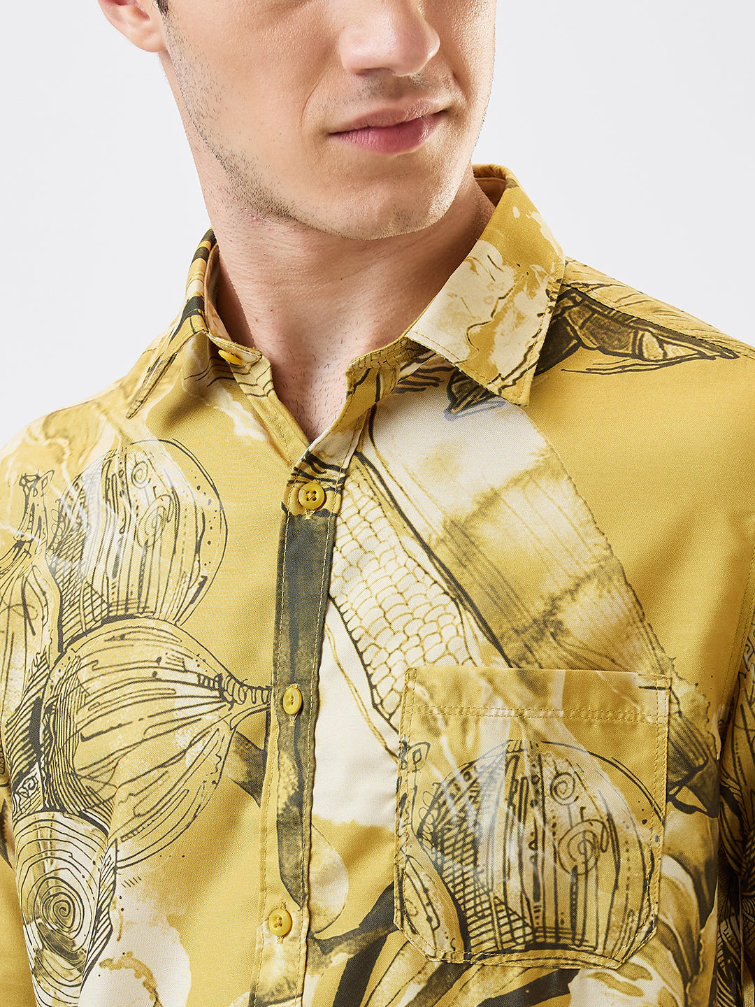 Men Shirt Print Yellow Slim Fit
