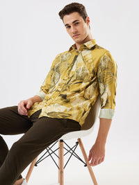 Men Shirt Print Yellow Slim Fit