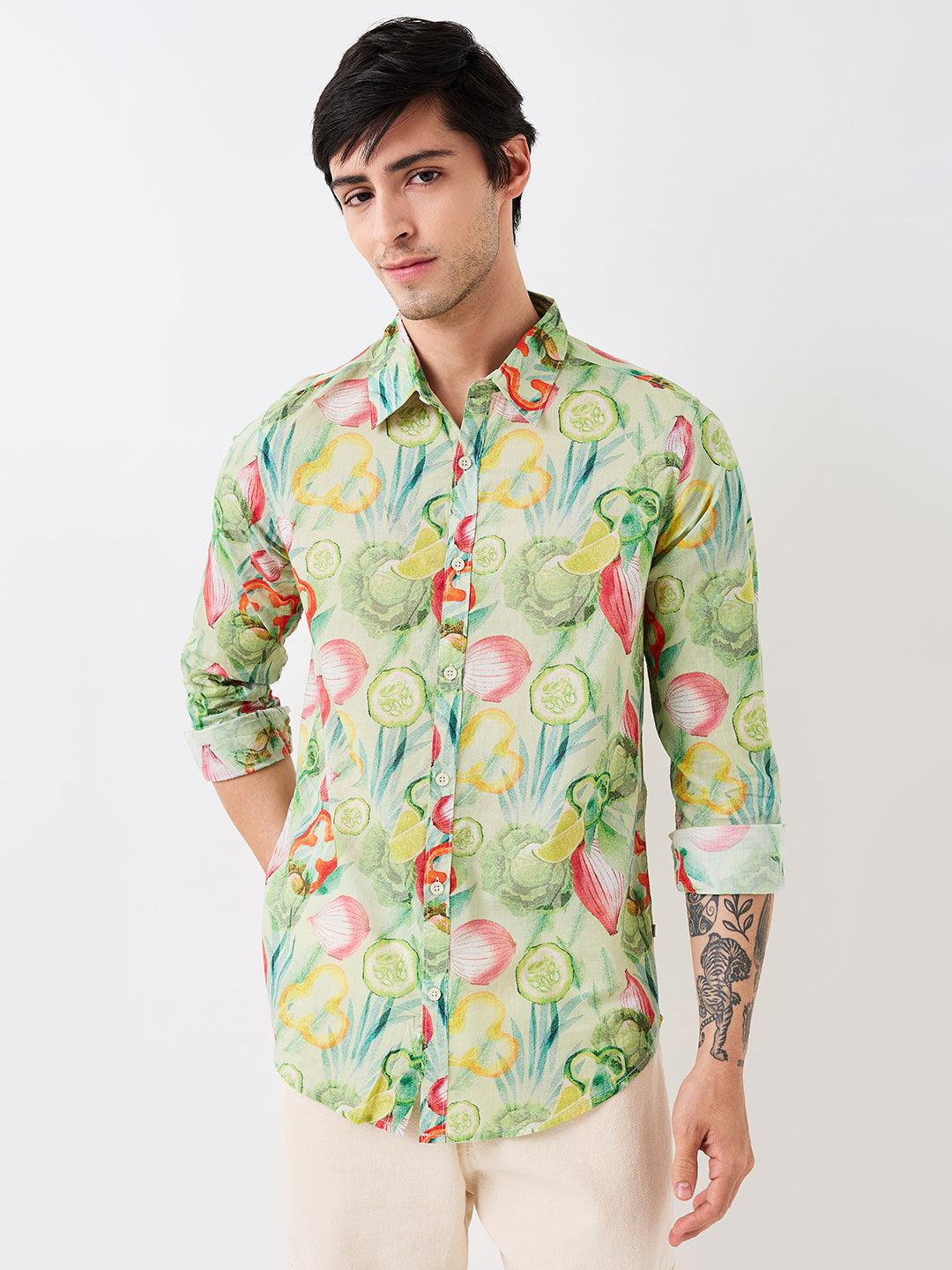 Spykar Green Slim Fit Printed Full Sleeve Shirt For Men