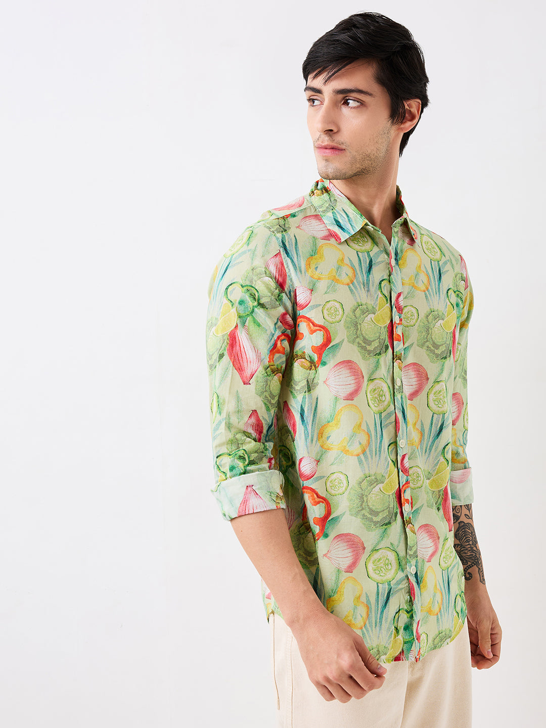 Men Shirt Print Green Slim Fit