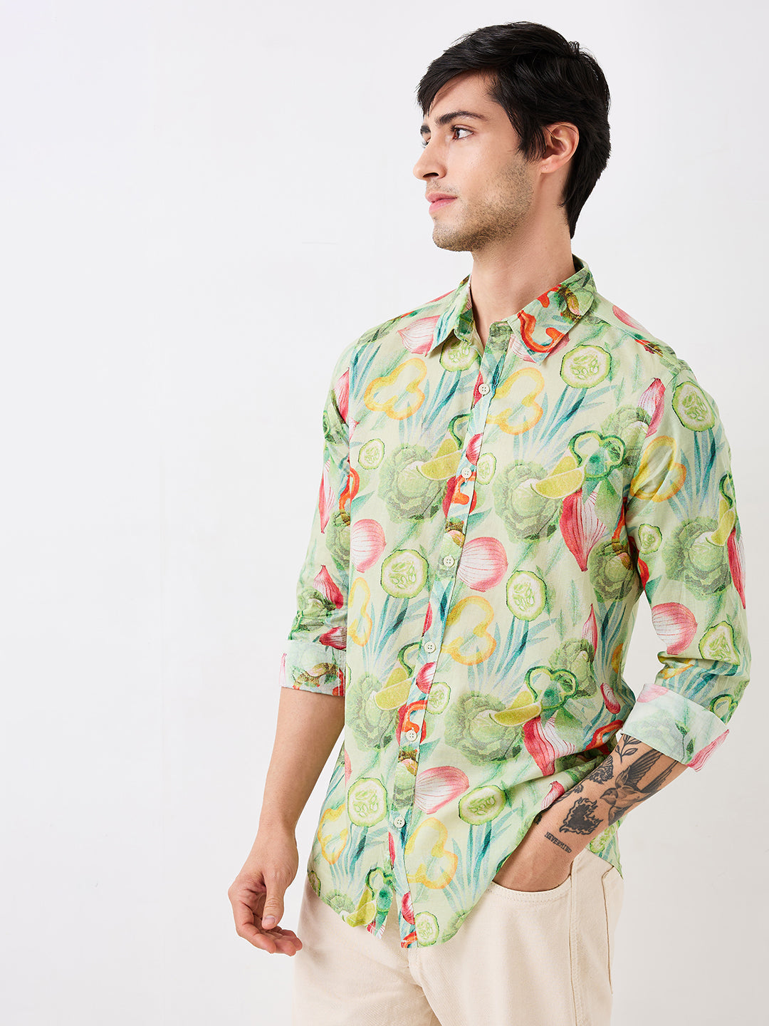 Men Shirt Print Green Slim Fit
