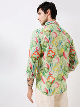 Men Shirt Print Green Slim Fit