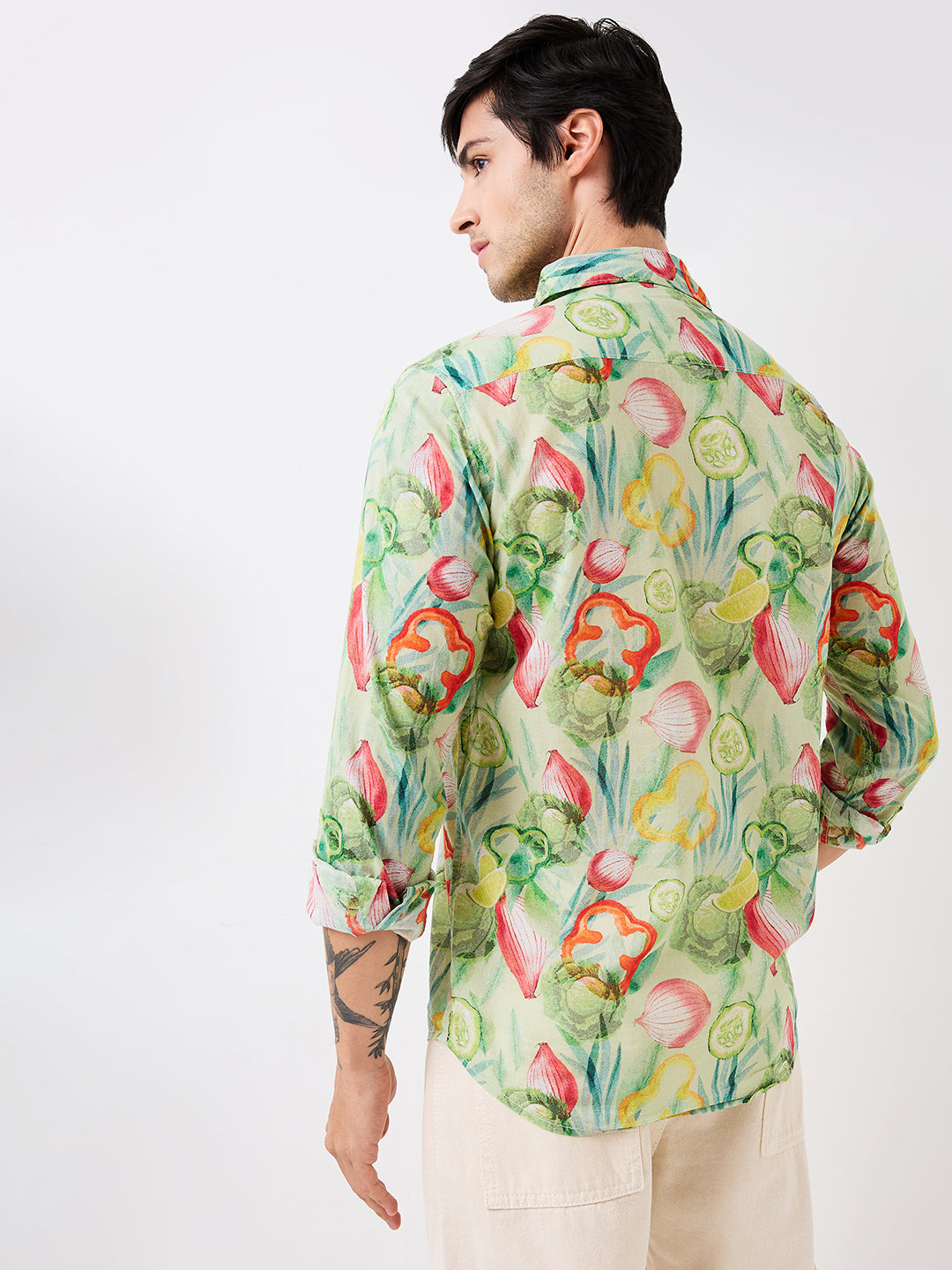 Men Shirt Print Green Slim Fit