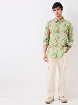 Men Shirt Print Green Slim Fit