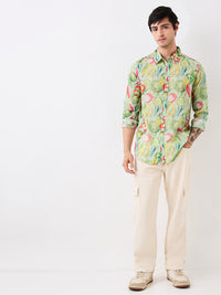 Men Shirt Print Green Slim Fit