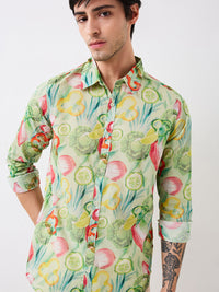 Men Shirt Print Green Slim Fit