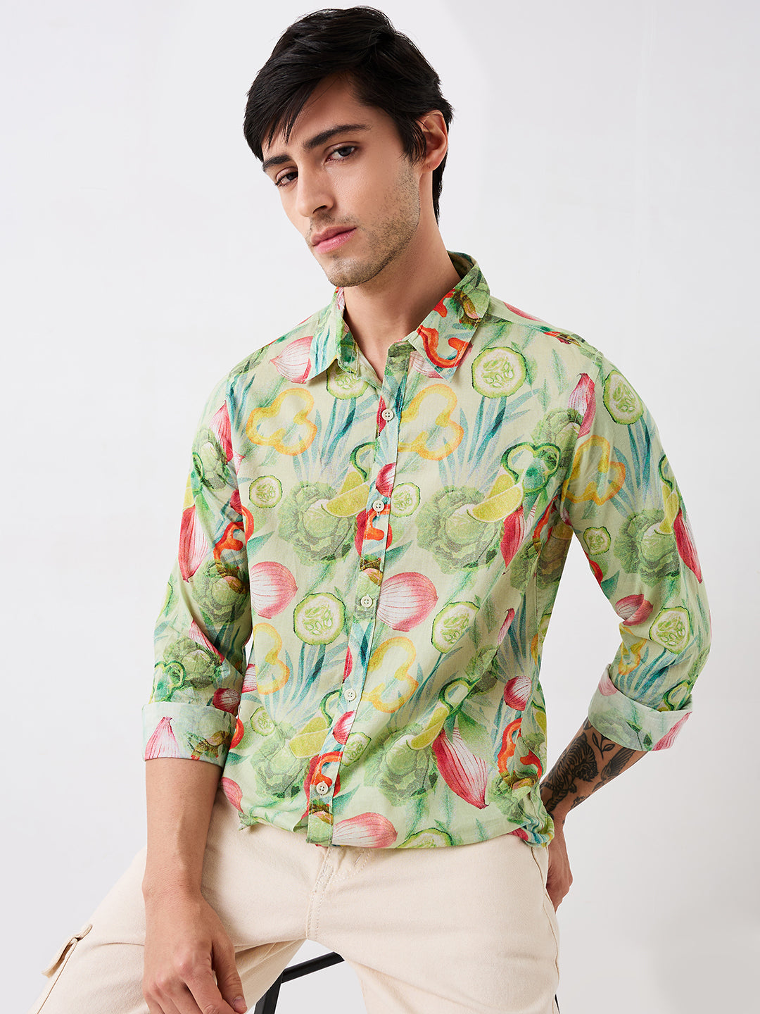 Spykar Green Slim Fit Printed Full Sleeve Shirt For Men