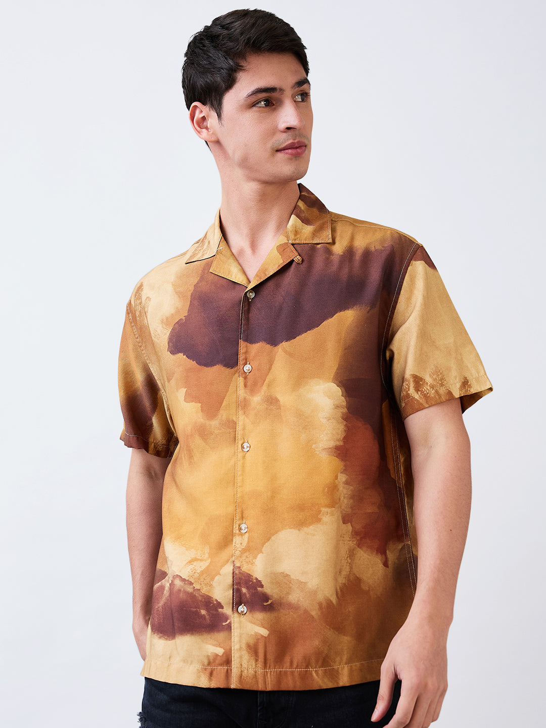 Spykar Brown Relaxed Fit Printed Half Sleeve Shirt For Men