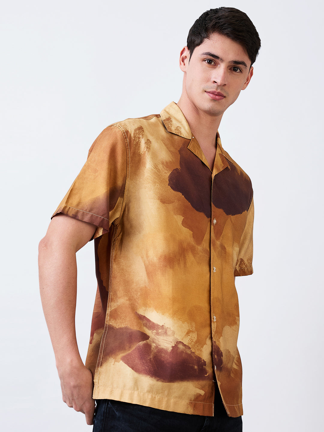 Spykar Brown Relaxed Fit Printed Half Sleeve Shirt For Men