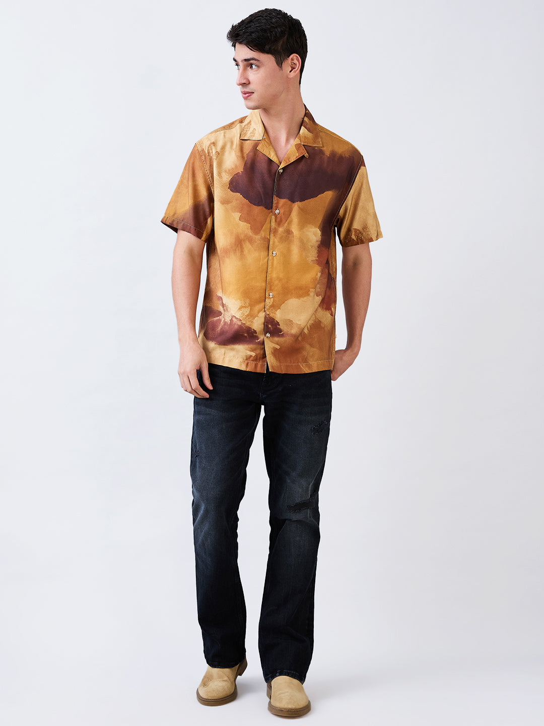 Spykar Brown Relaxed Fit Printed Half Sleeve Shirt For Men