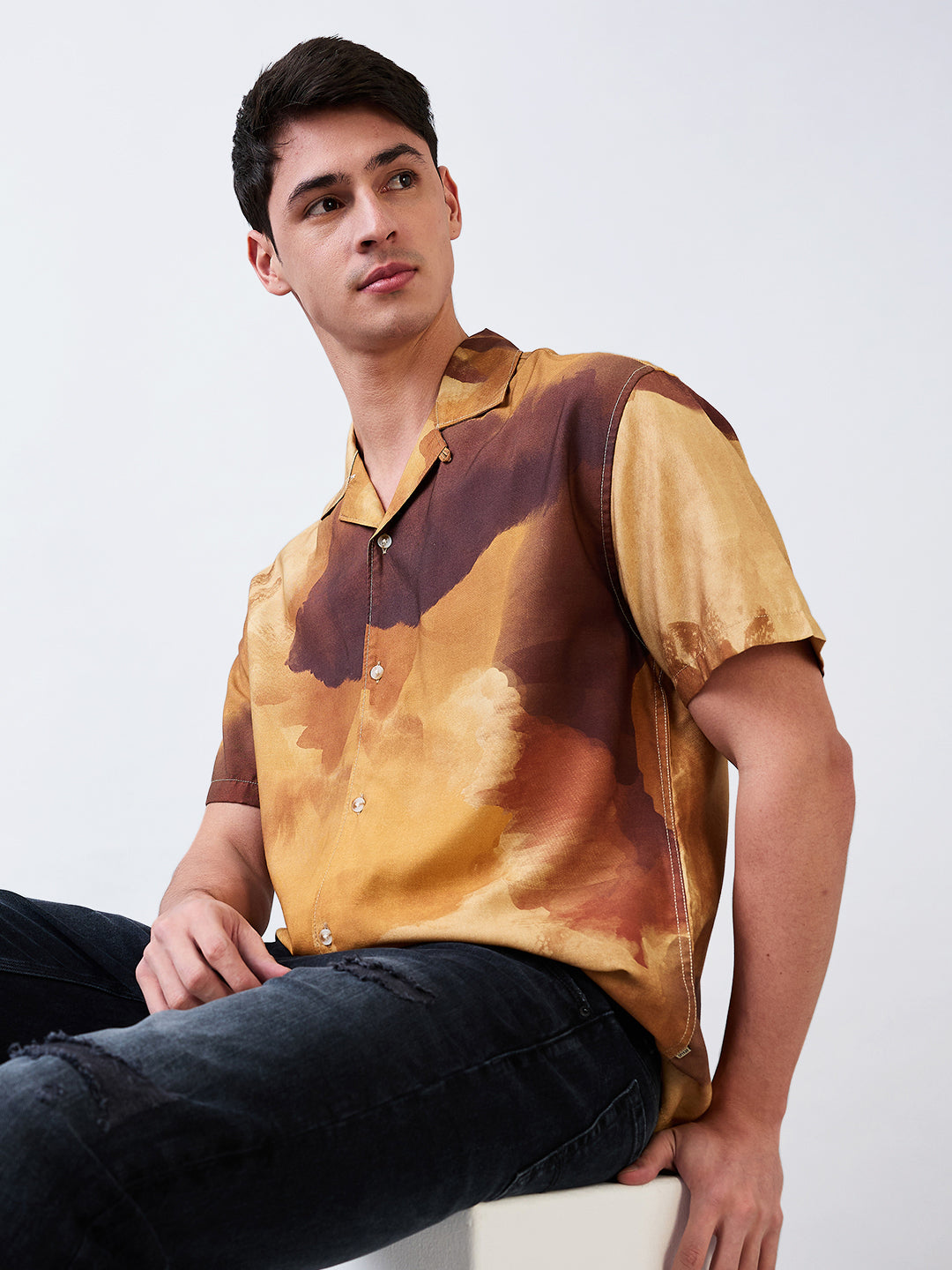 Spykar Brown Relaxed Fit Printed Half Sleeve Shirt For Men