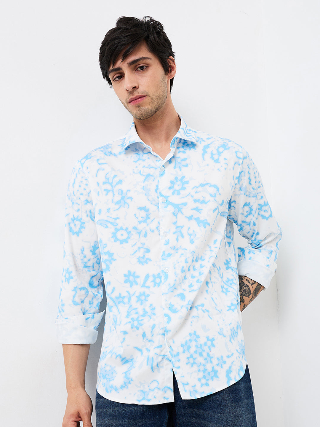 Spykar Blue Slim Fit Printed Full Sleeve Shirt For Men