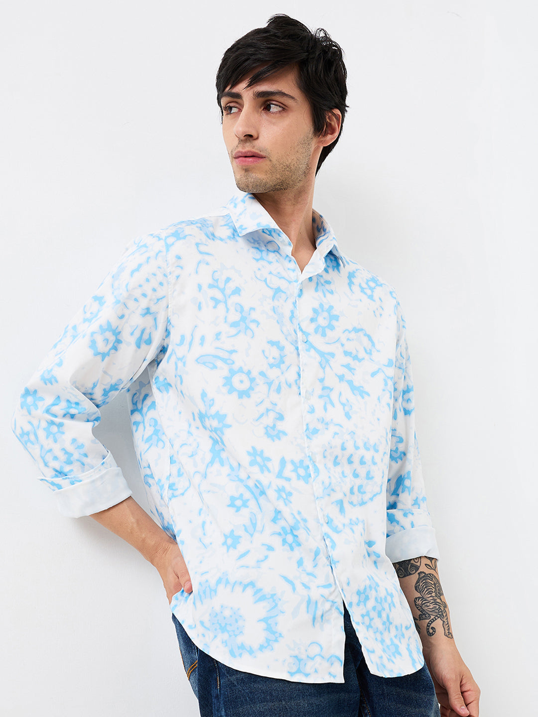 Spykar Blue Slim Fit Printed Full Sleeve Shirt For Men