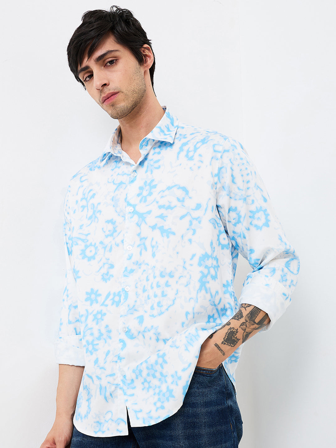 Spykar Blue Slim Fit Printed Full Sleeve Shirt For Men