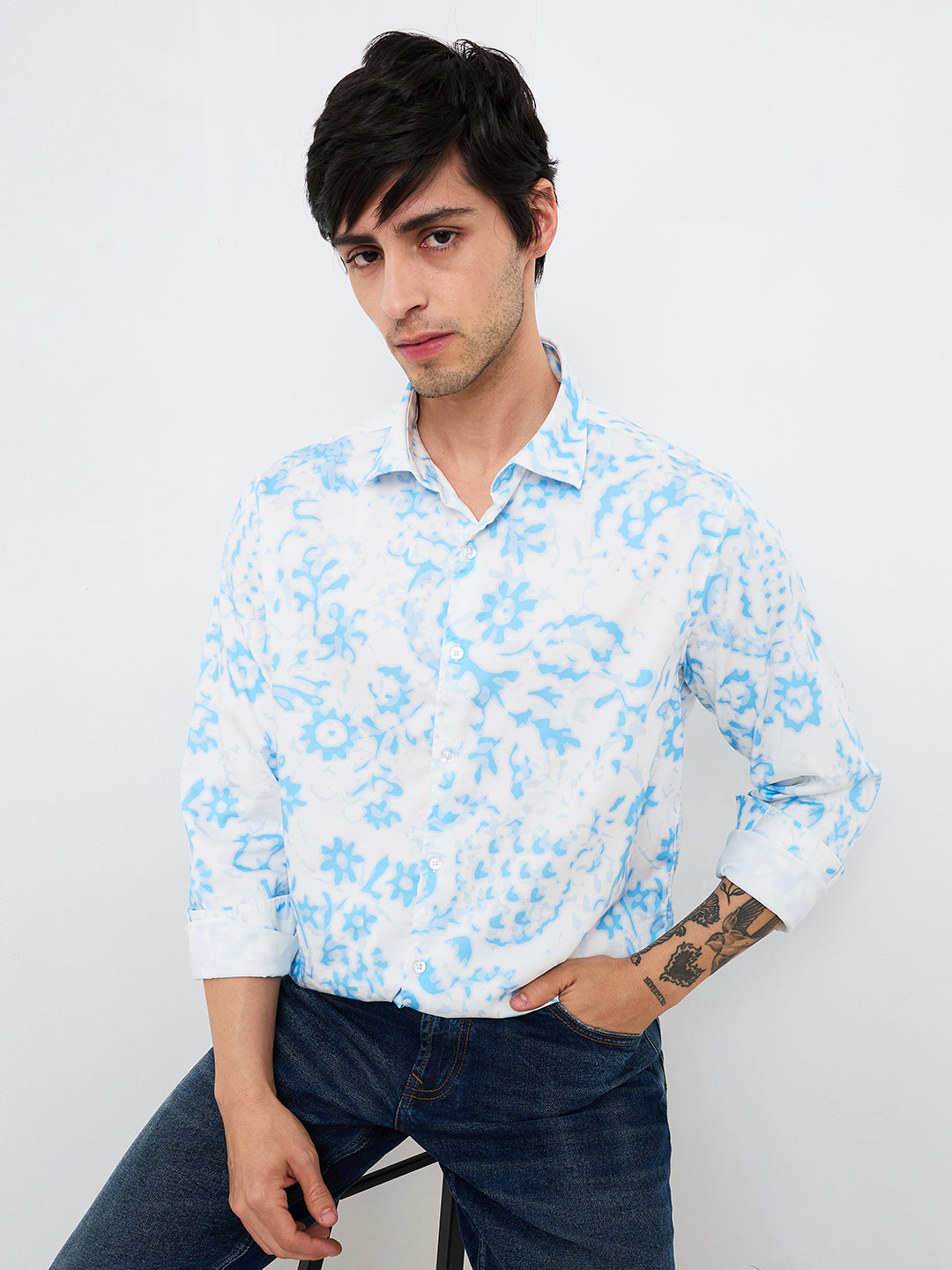 Spykar Blue Slim Fit Printed Full Sleeve Shirt For Men