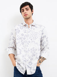 Men Shirt Print Grey Slim Fit