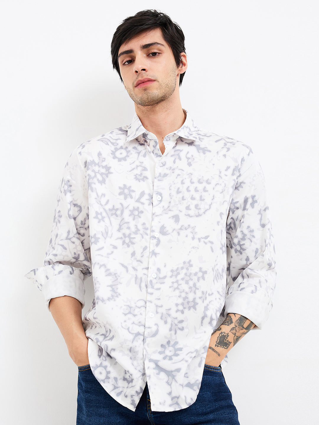 Men Shirt Print Grey Slim Fit
