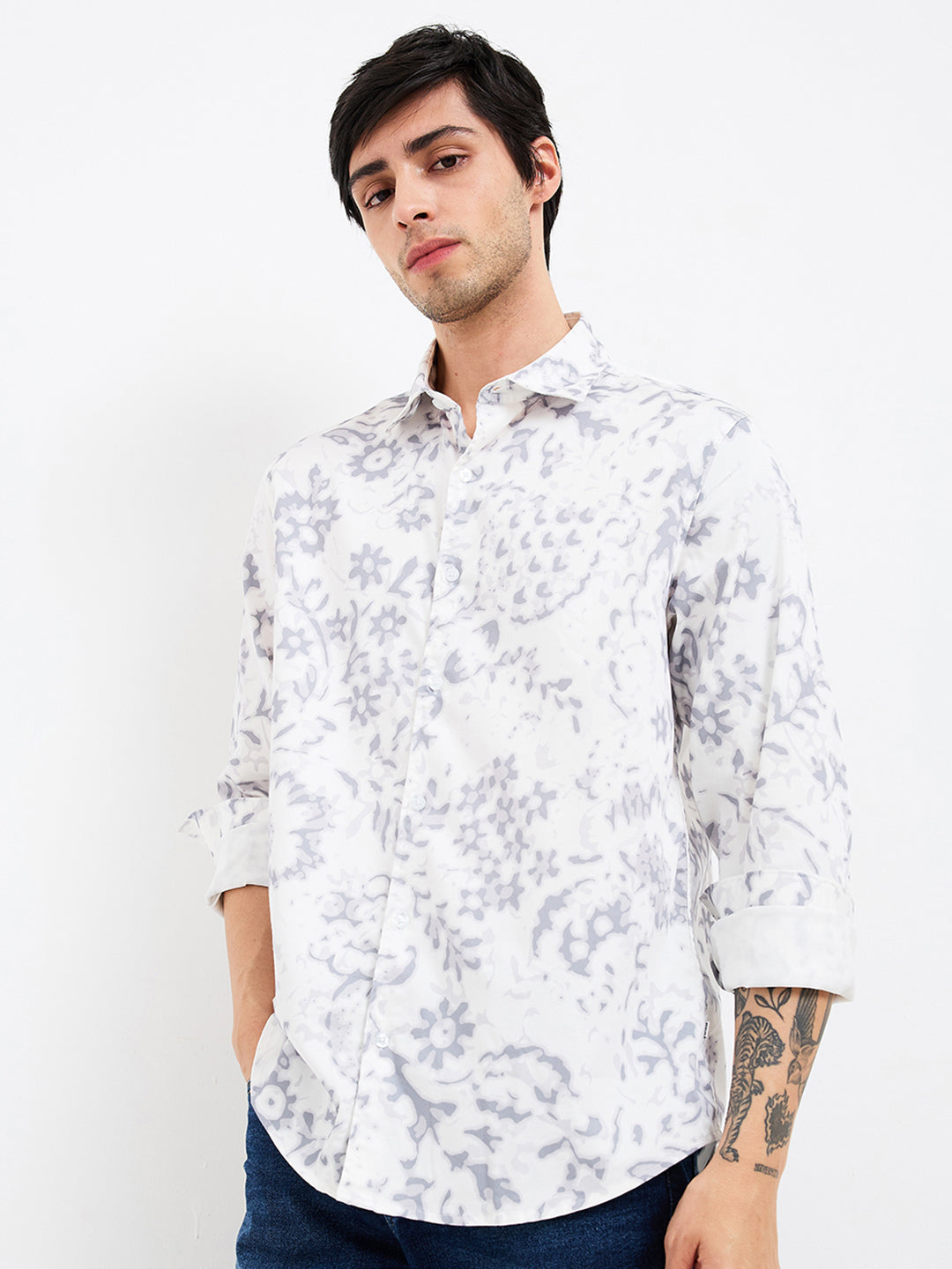 Men Shirt Print Grey Slim Fit