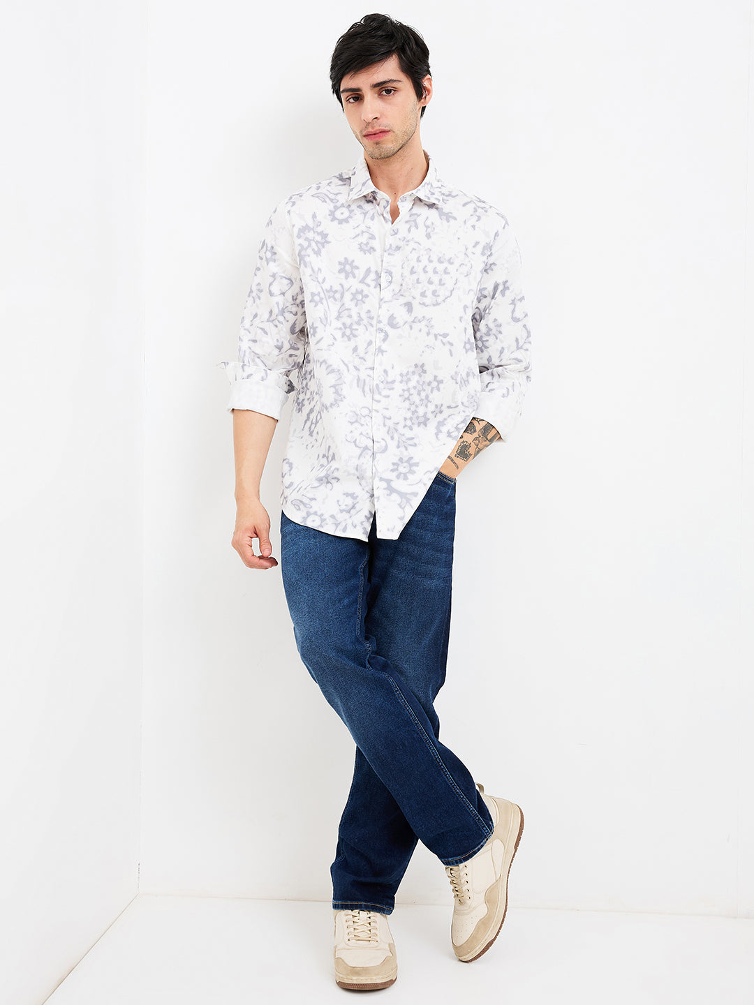 Men Shirt Print Grey Slim Fit