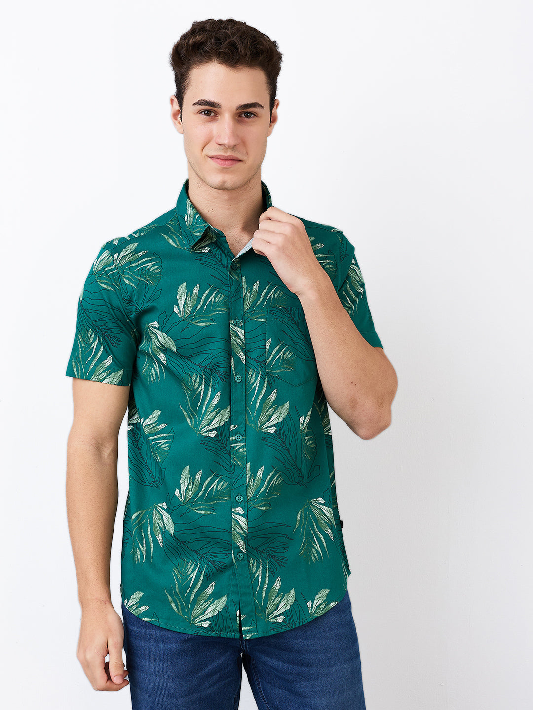Men Shirt Print Green Slim Fit