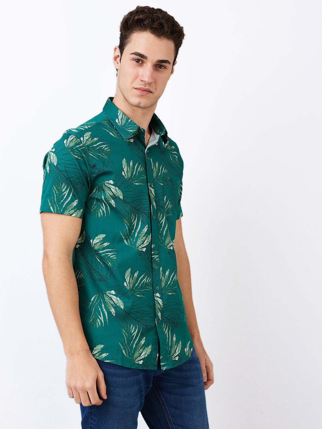 Men Shirt Print Green Slim Fit