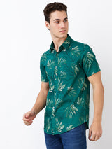 Men Shirt Print Green Slim Fit