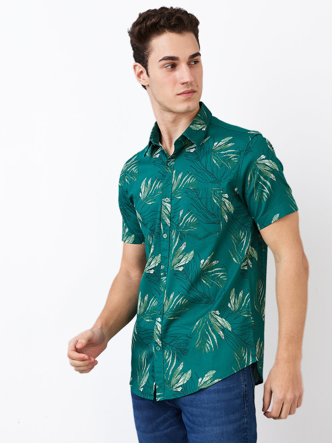 Men Shirt Print Green Slim Fit