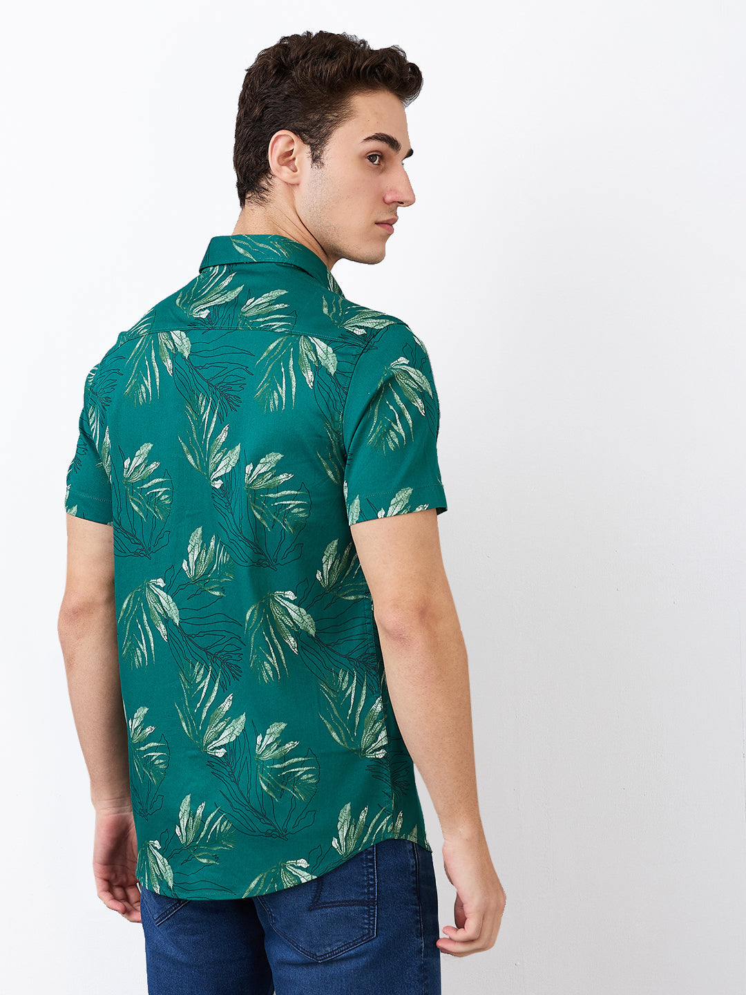 Men Shirt Print Green Slim Fit