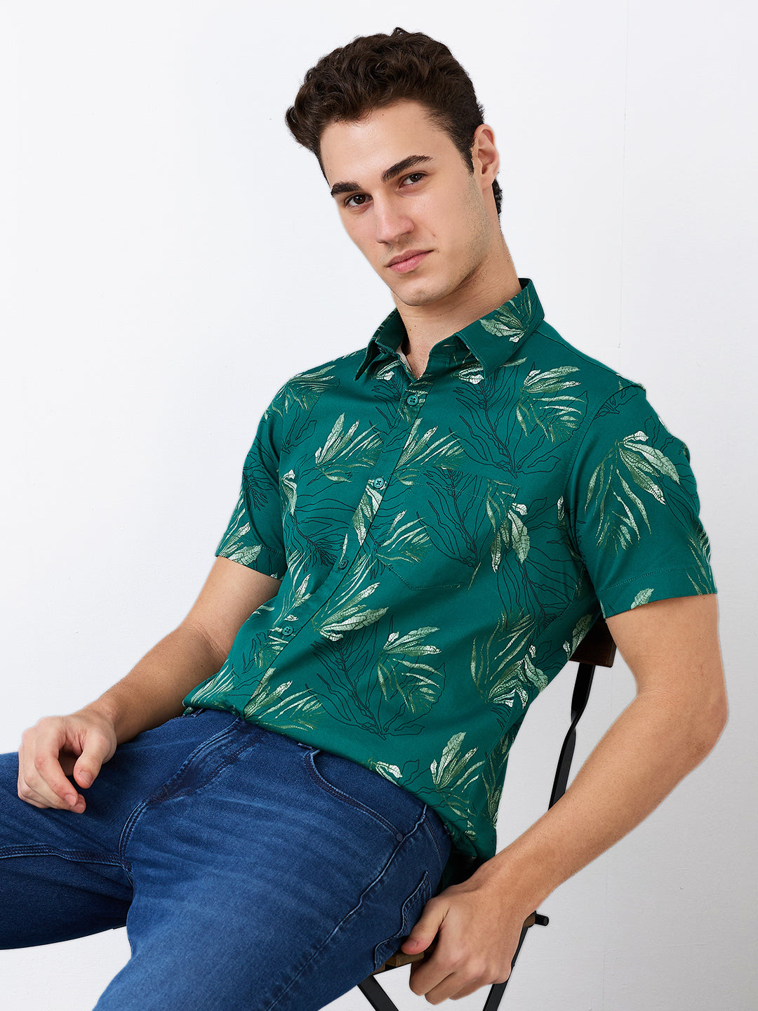 Spykar Green Slim Fit Printed Half Sleeve Shirt For Men