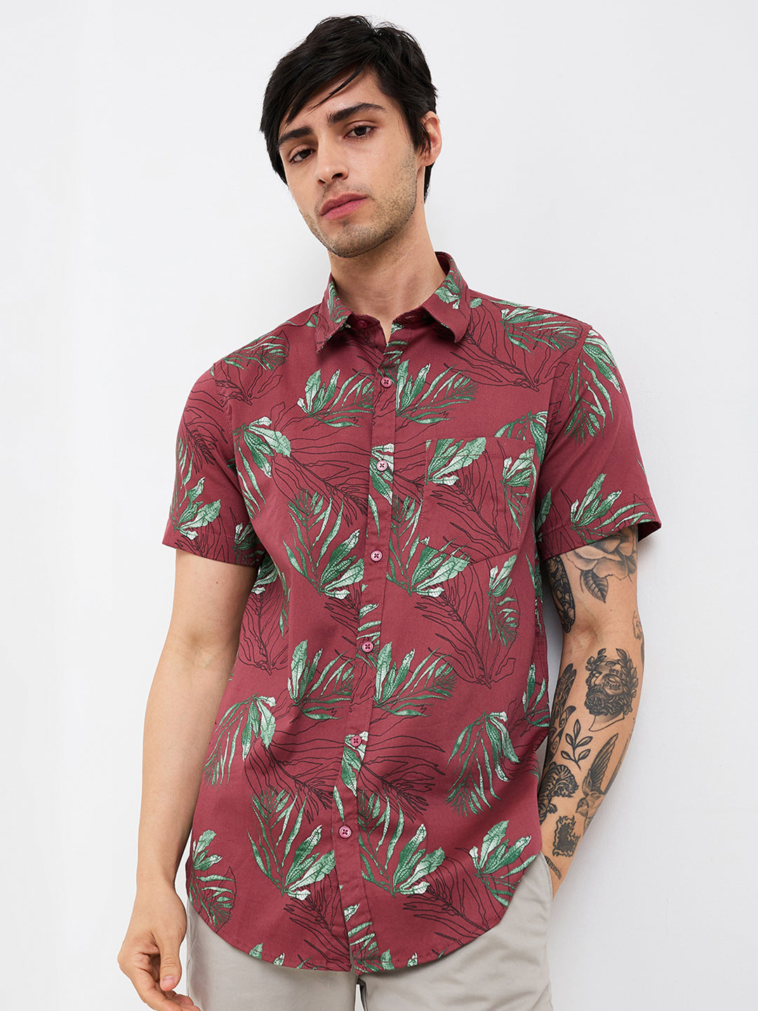 Spykar Red Slim Fit Printed Half Sleeve Shirt For Men