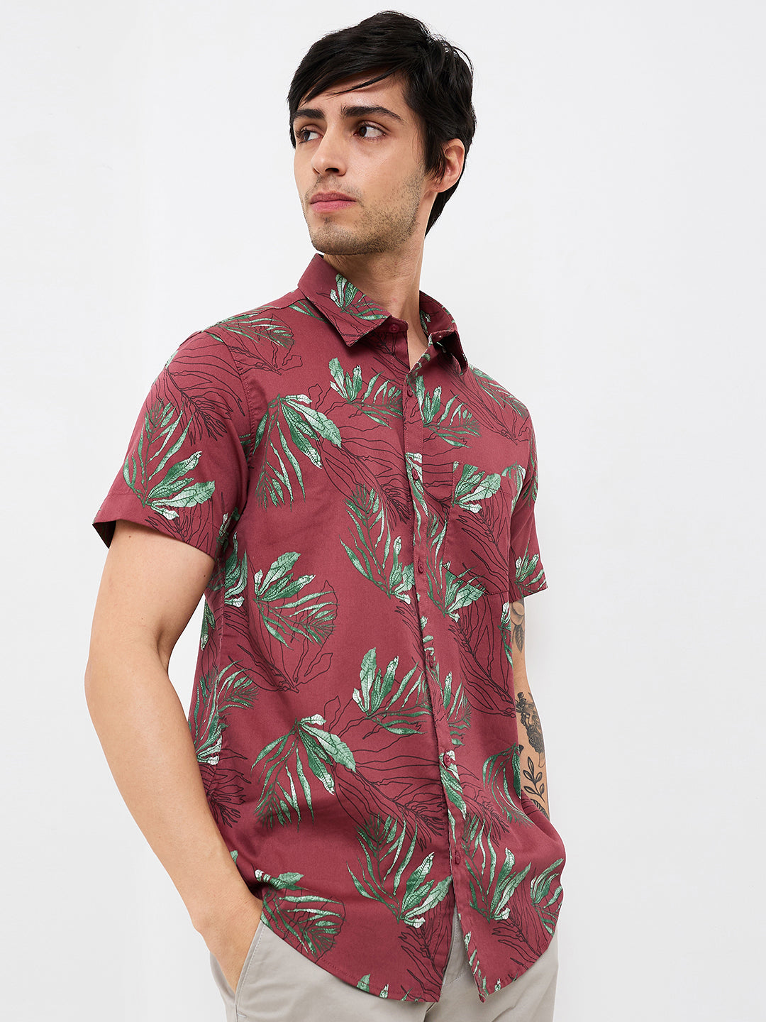 Spykar Red Slim Fit Printed Half Sleeve Shirt For Men