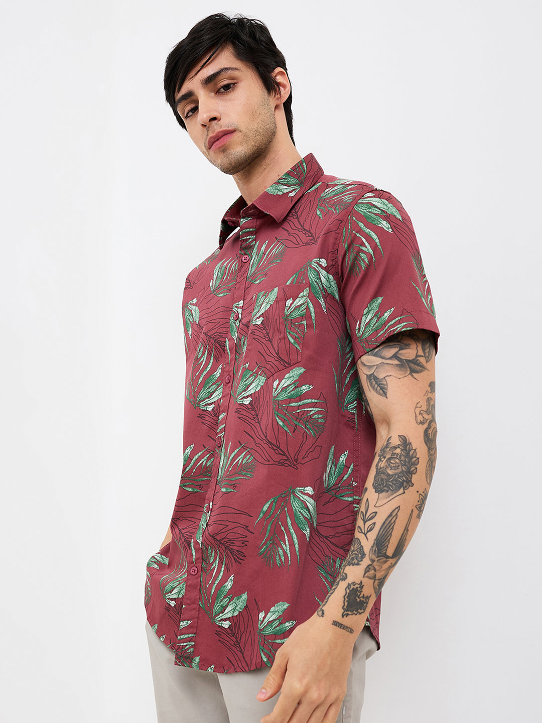 Spykar Red Slim Fit Printed Half Sleeve Shirt For Men