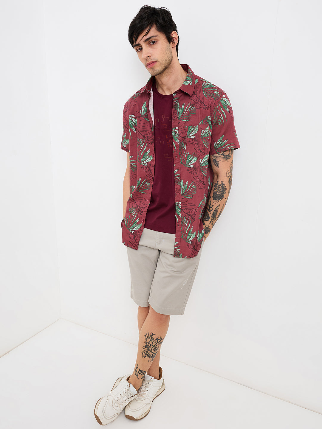 Men Shirt Print Red Slim Fit