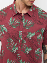 Men Shirt Print Red Slim Fit
