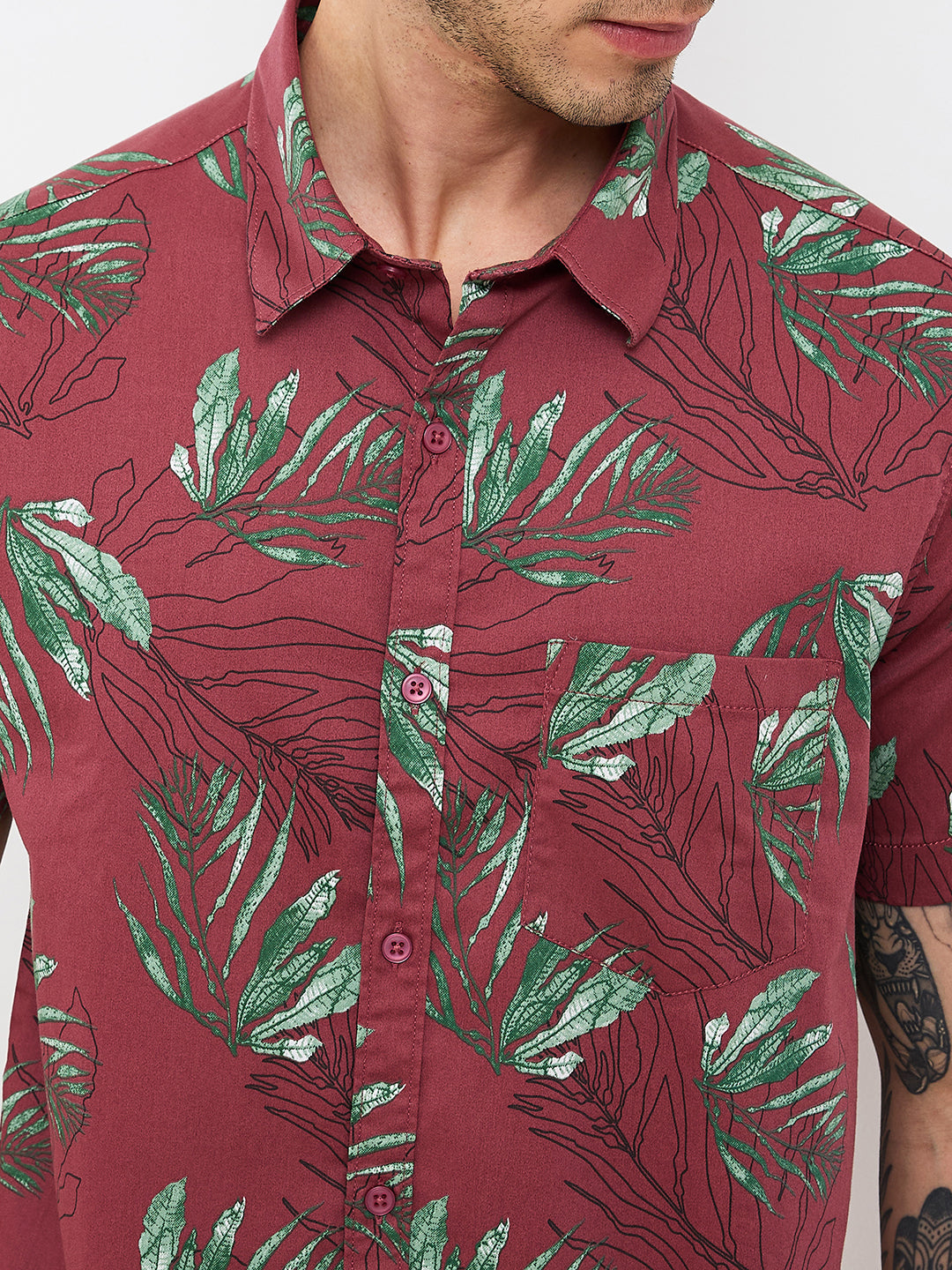 Men Shirt Print Red Slim Fit