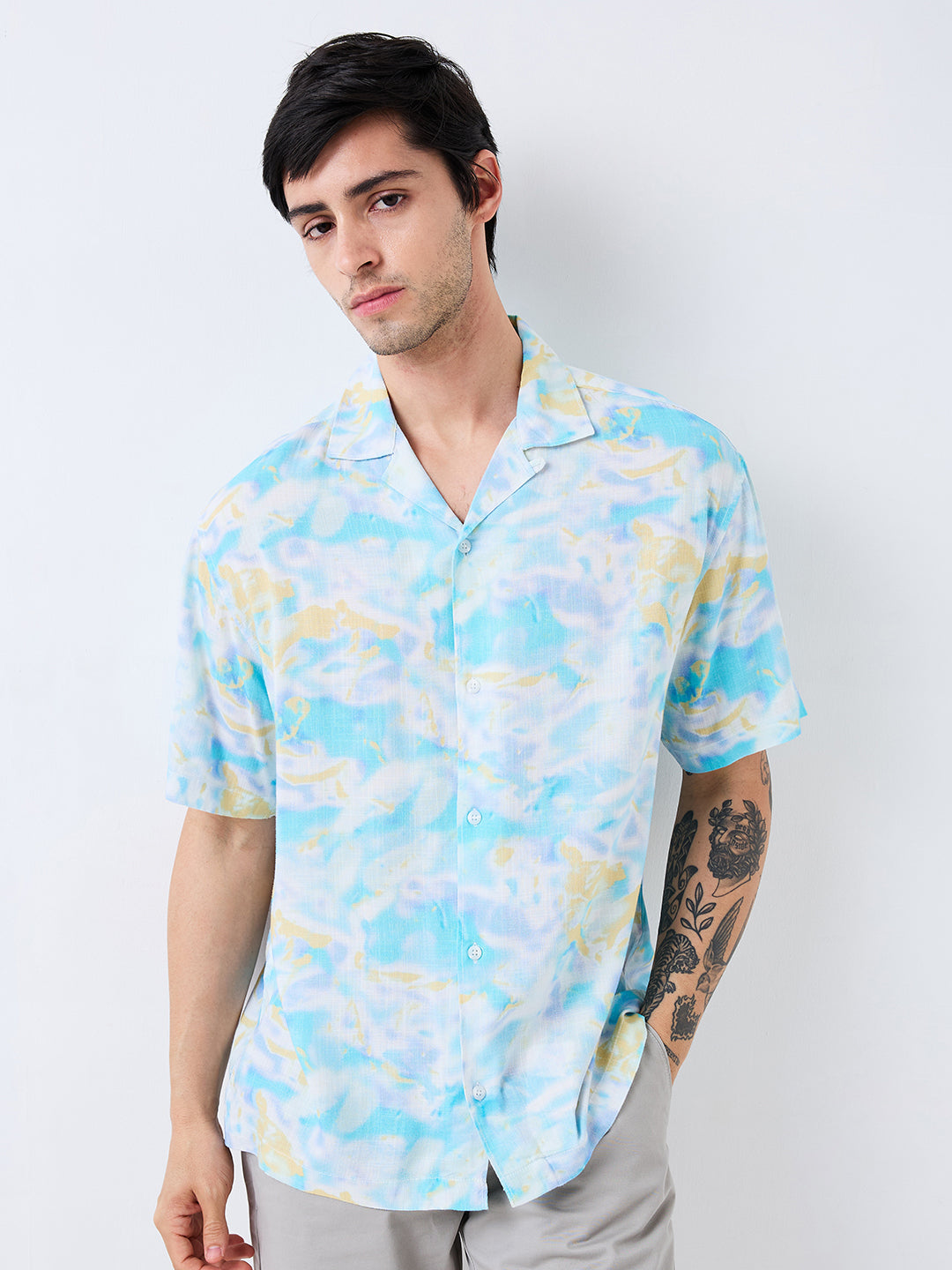 Spykar Blue Relaxed Fit Printed Half Sleeve Shirt For Men