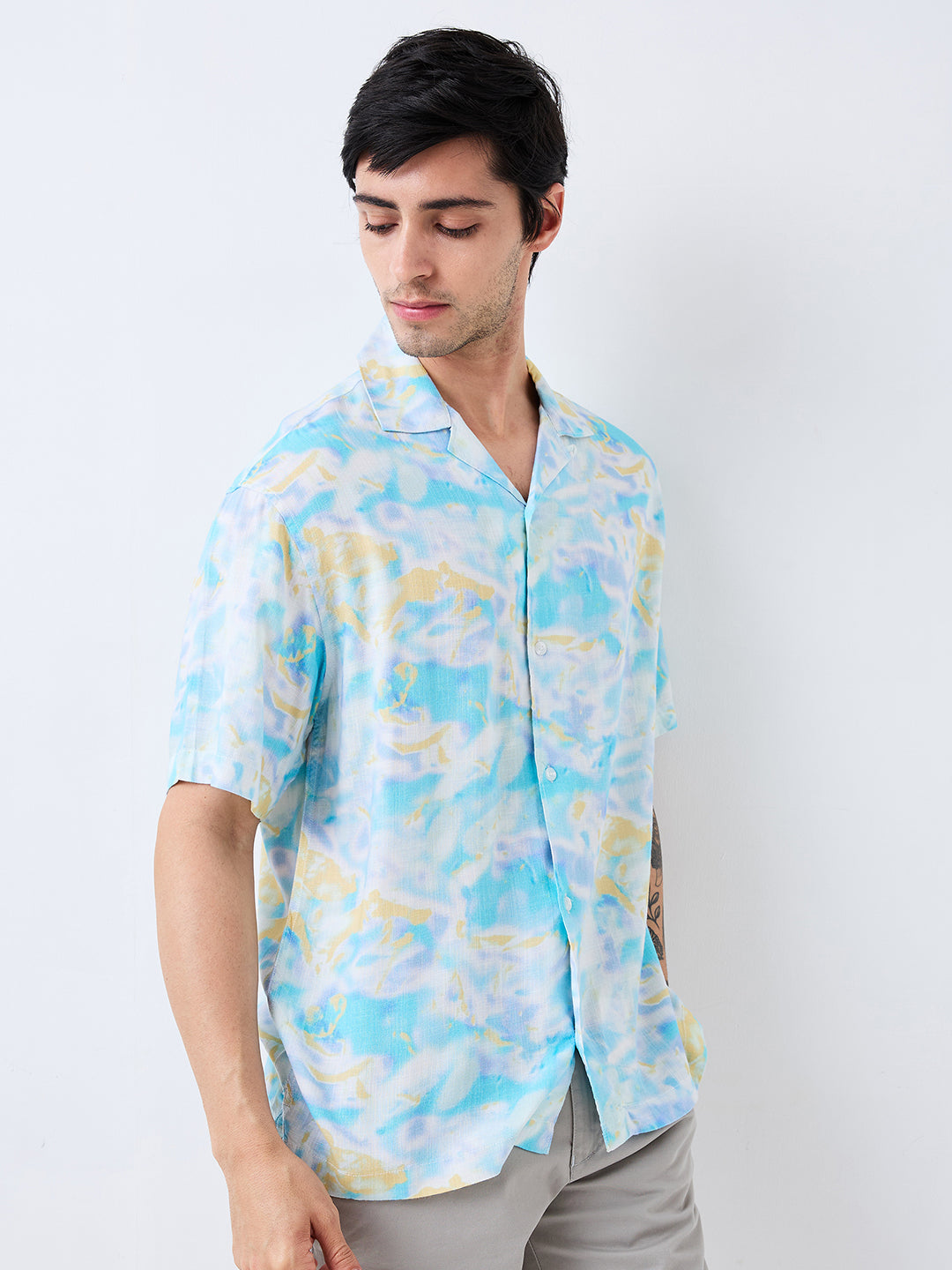 Spykar Blue Relaxed Fit Printed Half Sleeve Shirt For Men