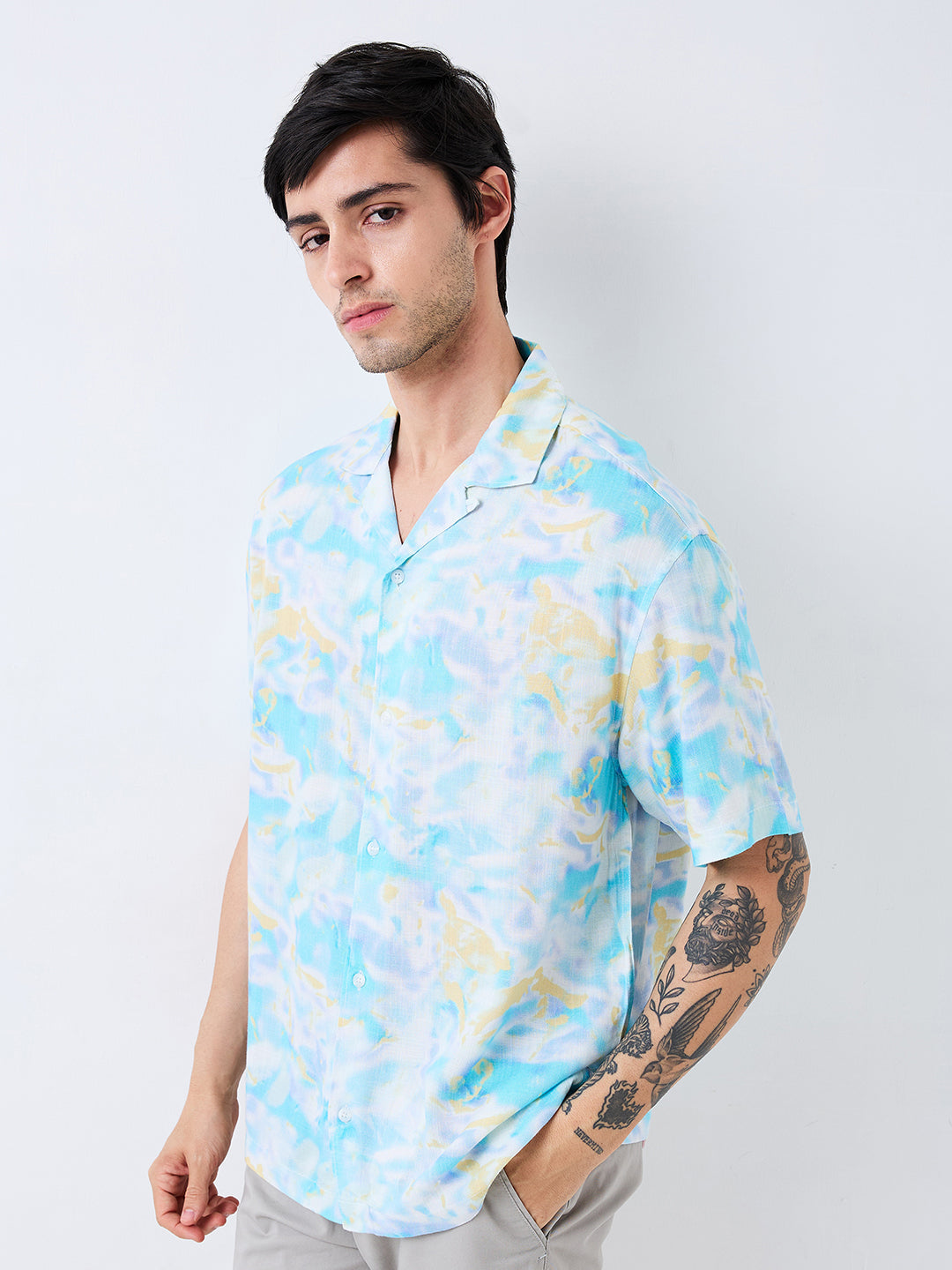 Spykar Blue Relaxed Fit Printed Half Sleeve Shirt For Men