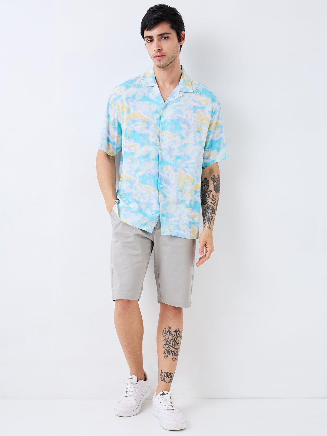 Spykar Blue Relaxed Fit Printed Half Sleeve Shirt For Men