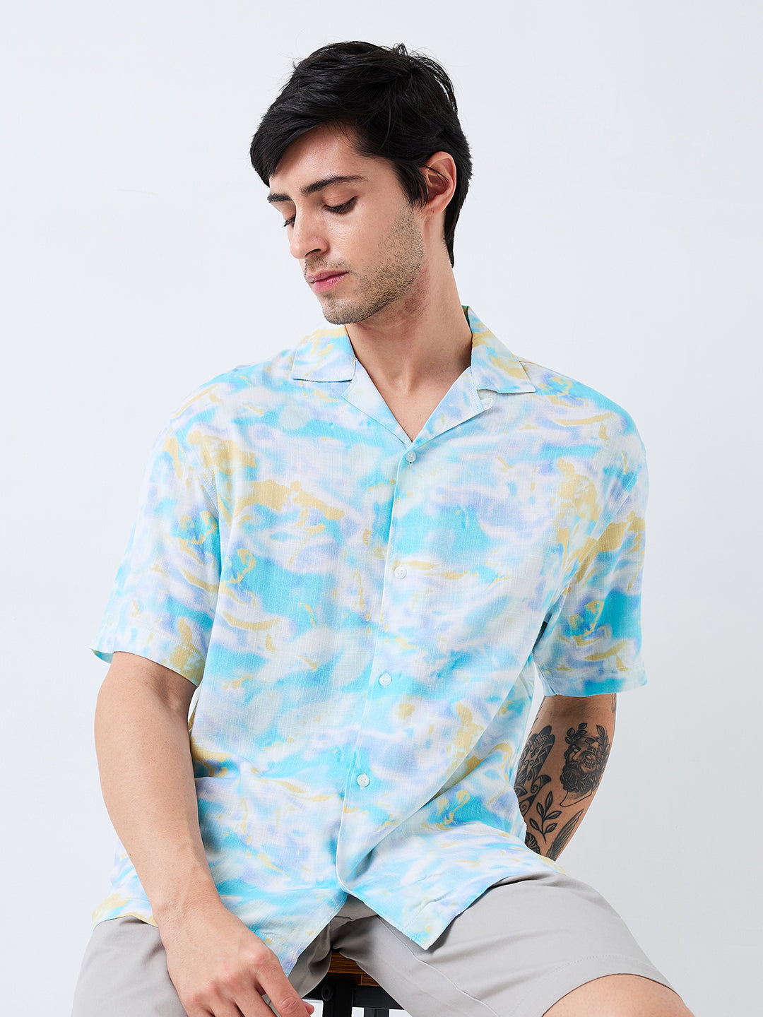 Spykar Blue Relaxed Fit Printed Half Sleeve Shirt For Men