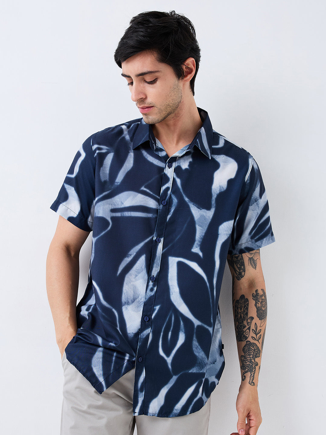 Spykar Blue Slim Fit Printed Half Sleeve Shirt For Men