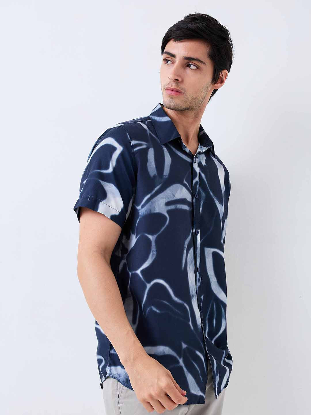 Spykar Blue Slim Fit Printed Half Sleeve Shirt For Men