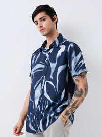 Men Shirt Print Blue Slim Fit