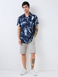 Men Shirt Print Blue Slim Fit