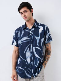 Men Shirt Print Blue Slim Fit