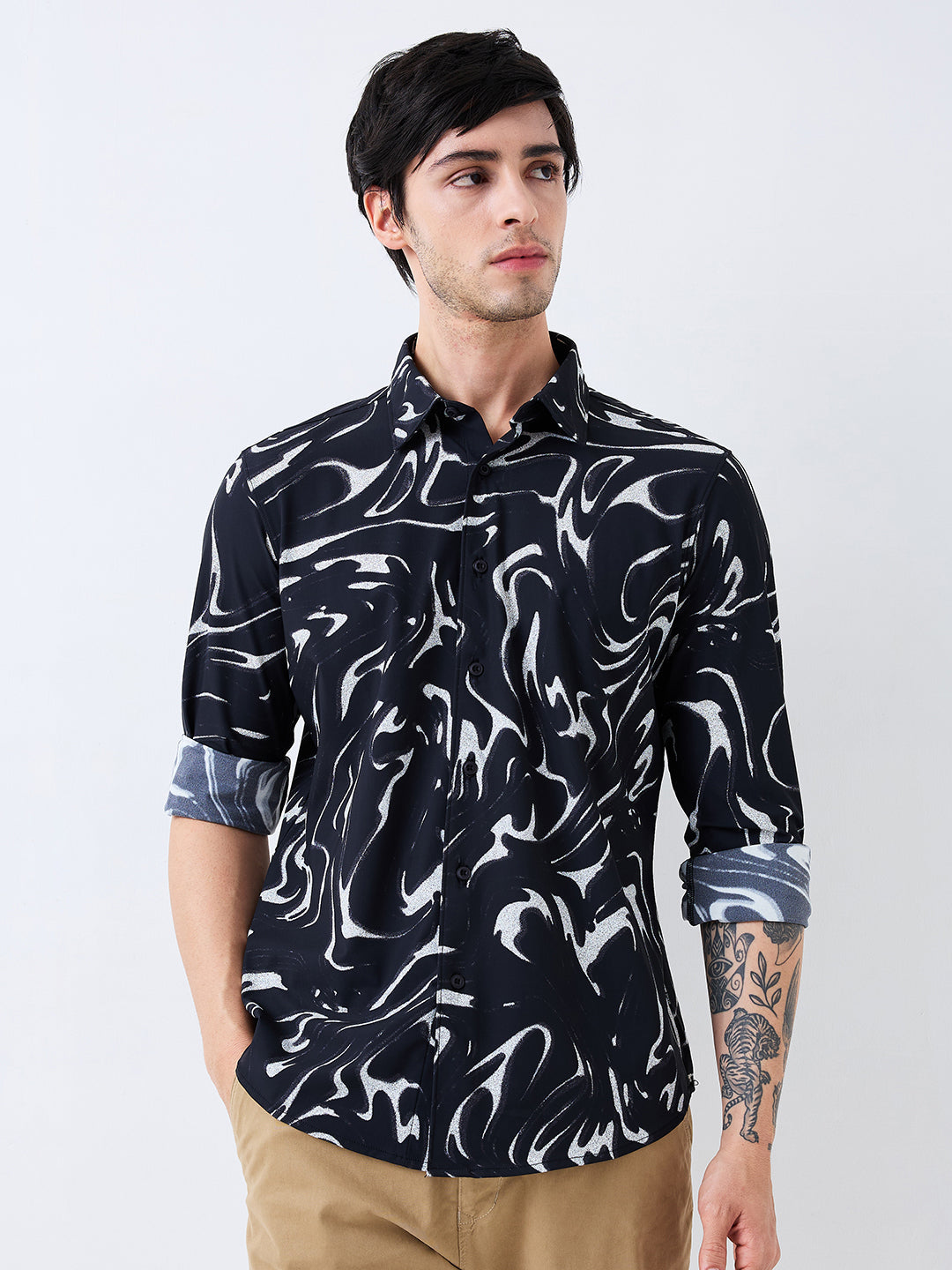 Men Shirt Print Black Slim Fit